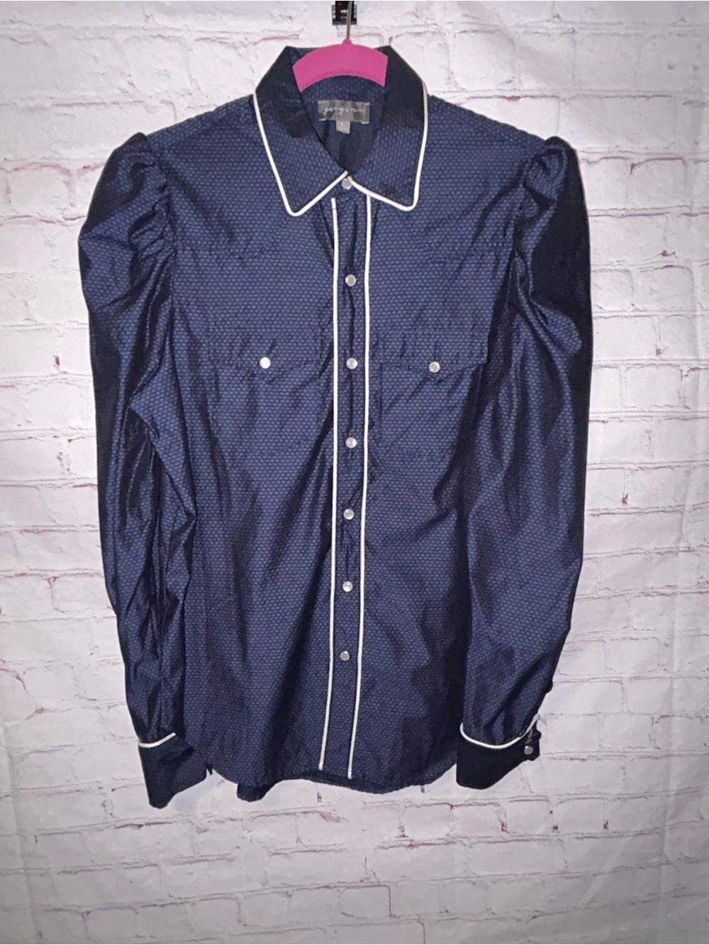 Greyson Navy Jacquard puff sleeve western shirt women’s size L